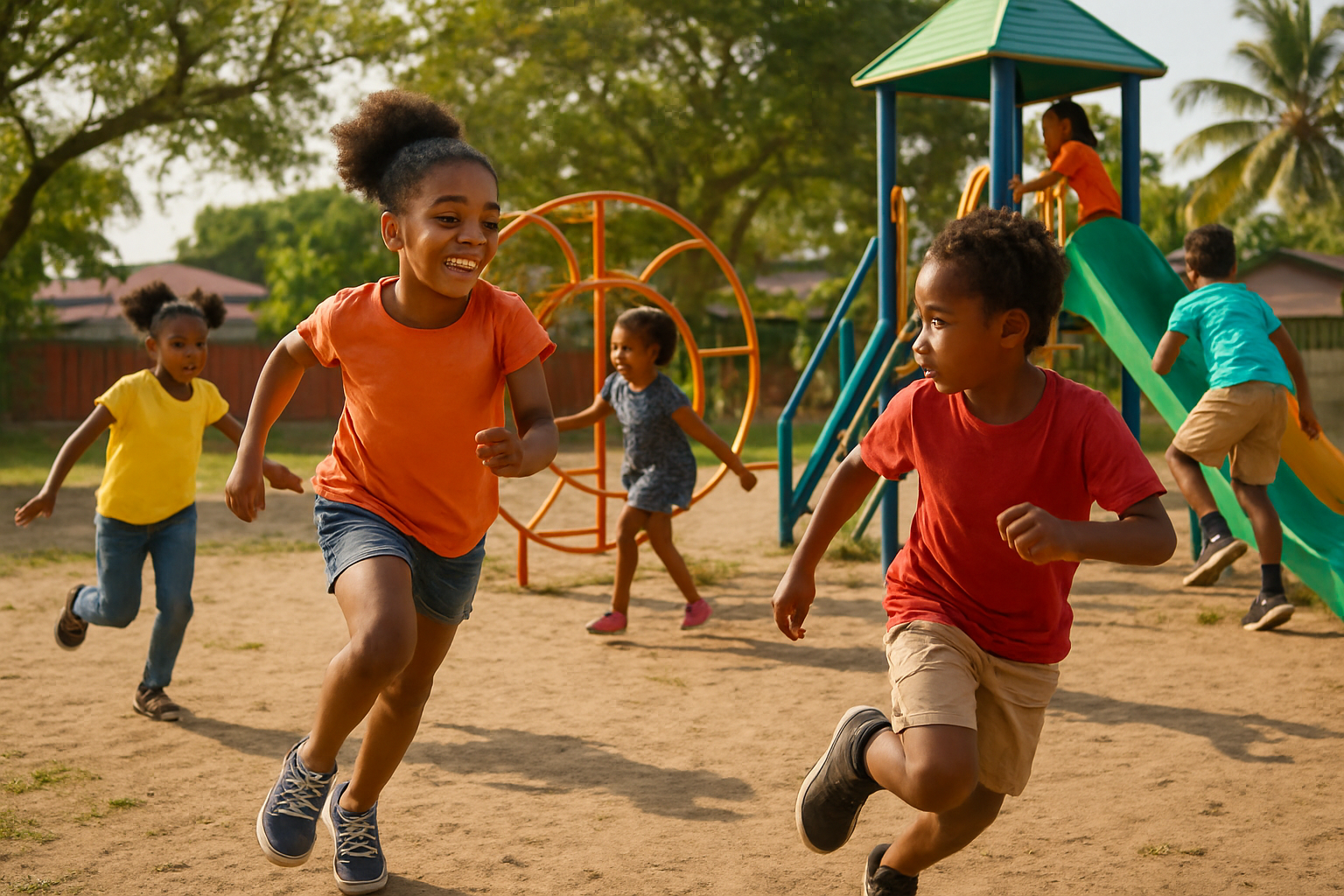 Kinderen spelen actief op een speelplaats.