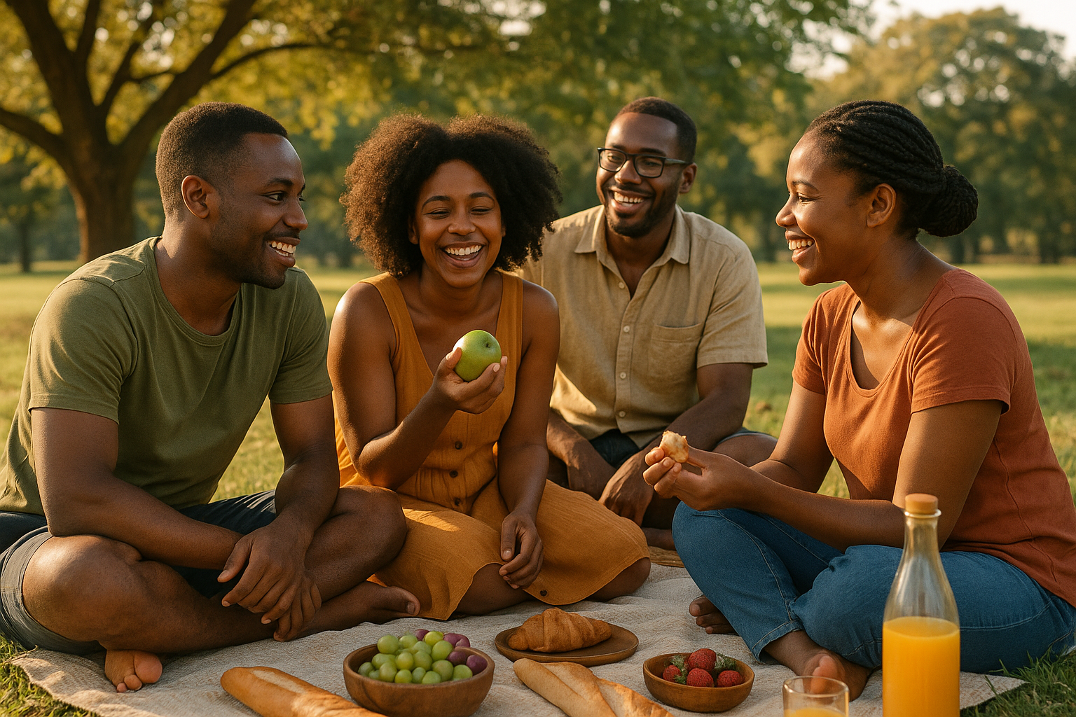 Vrienden genieten samen van een picknick in het park.