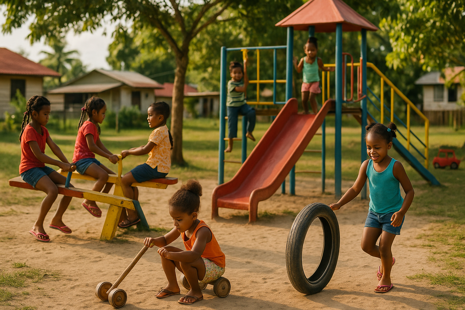 Kinderen spelen in een kleurrijke speeltuin in Suriname.