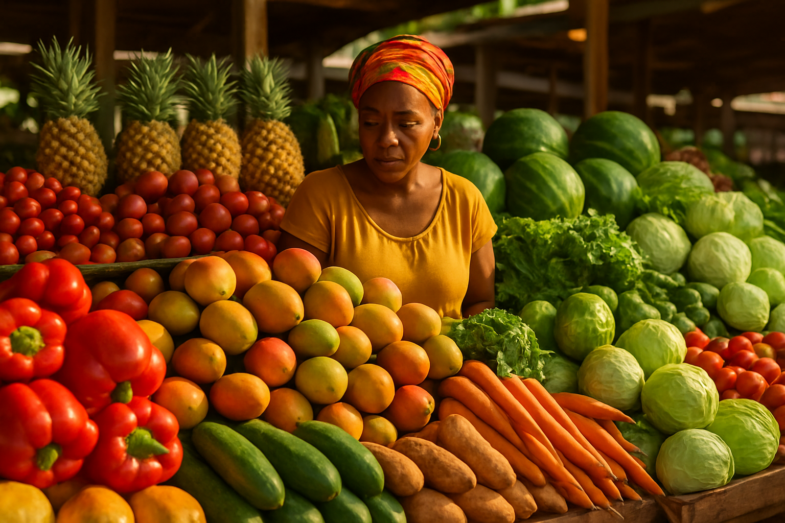 Vers fruit en groenten op een lokale markt in Suriname.