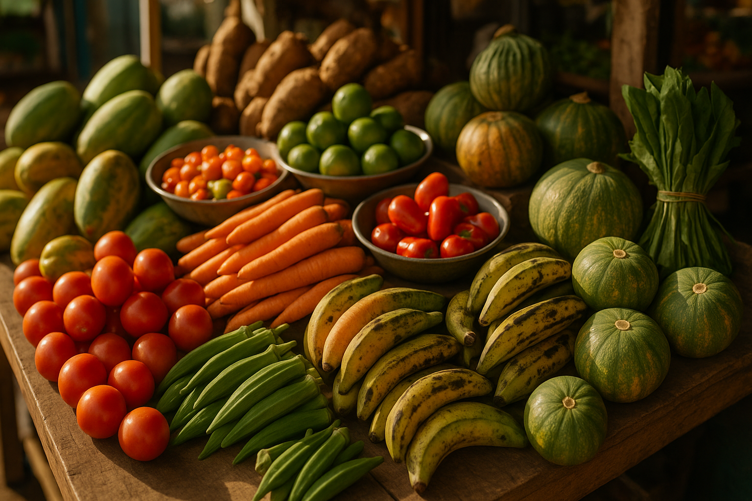 Een kleurrijke selectie van lokale groenten en fruit in een markt.