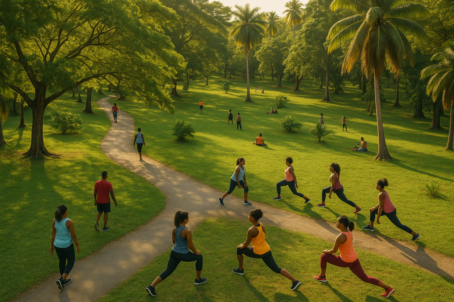 Groen park in Suriname met mensen die actief zijn en genieten van de natuur.
