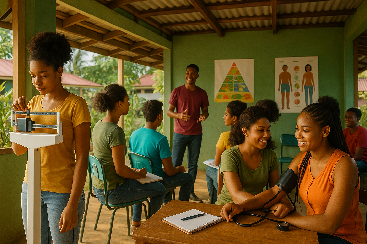 Jongeren in Suriname deelnemen aan een gezondheidsactiviteit in een gemeenschapscentrum.