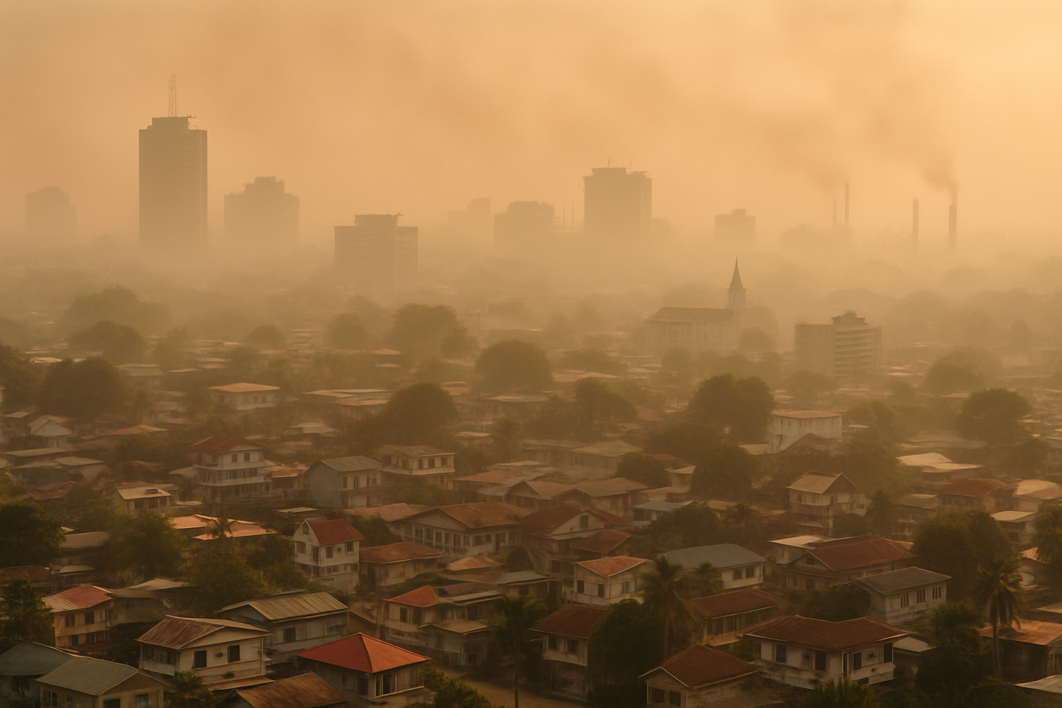 Stadszicht met smog en luchtvervuiling.