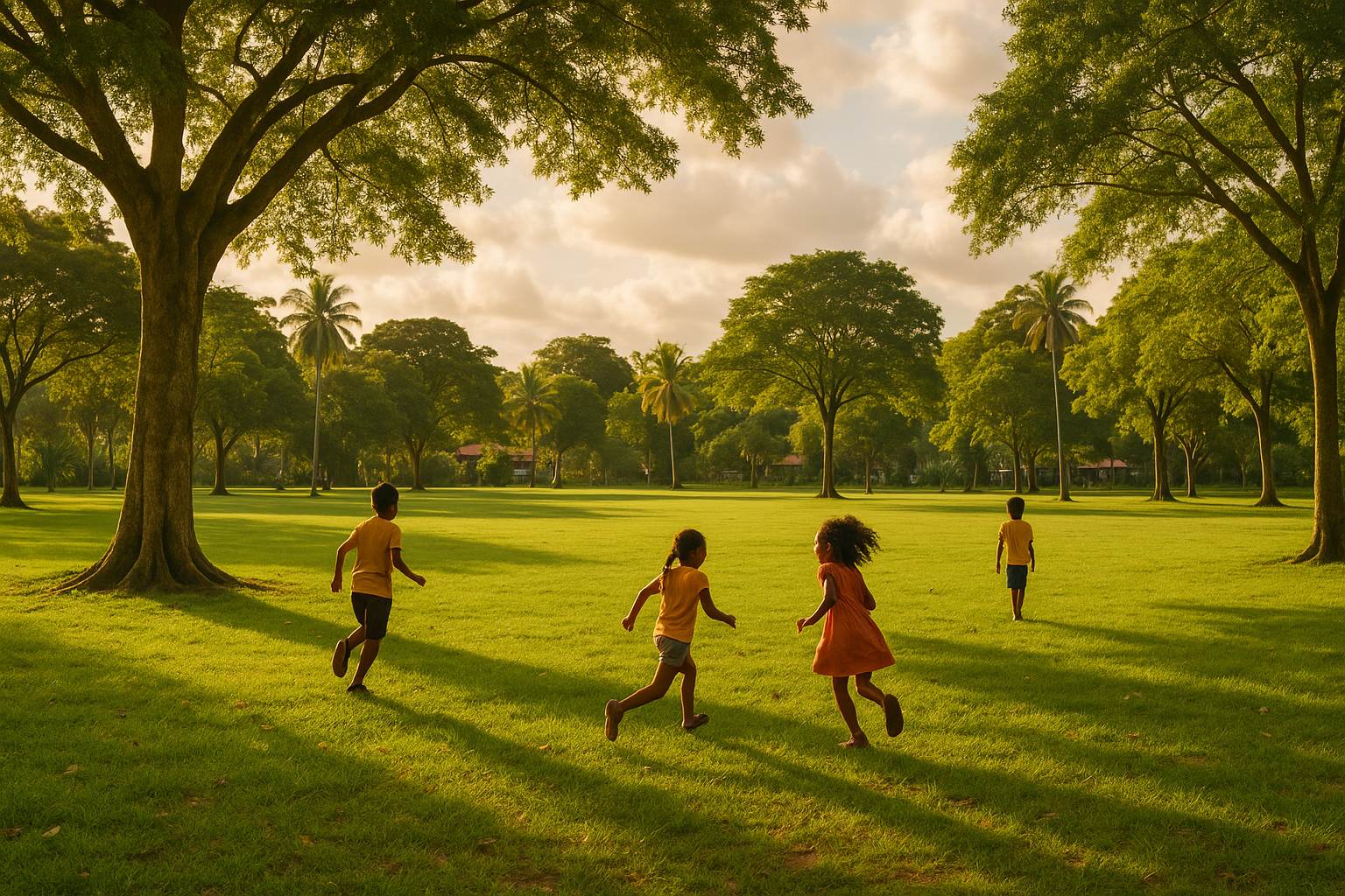 Een park met gras en bomen, ideaal voor kinderen om in te spelen.