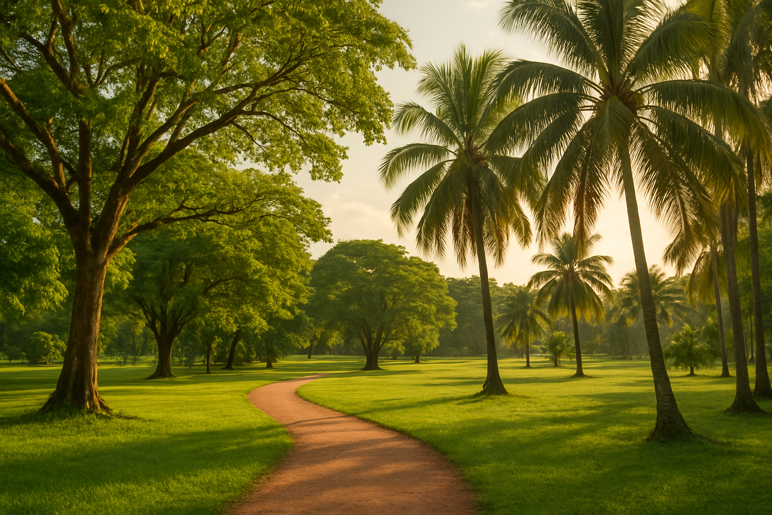 Tropisch park met groene bomen en een wandelpad.