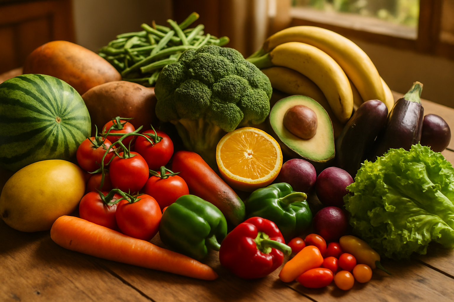 Een kleurrijke selectie van verse groenten en fruit op een houten tafel.