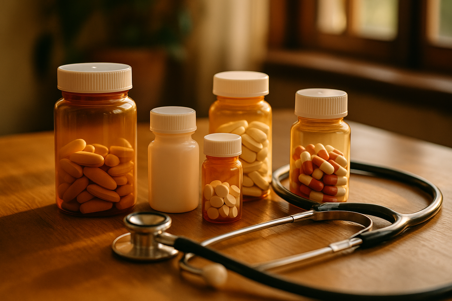 Een close-up van verschillende medicijnflessen en een stethoscoop op een houten tafel.