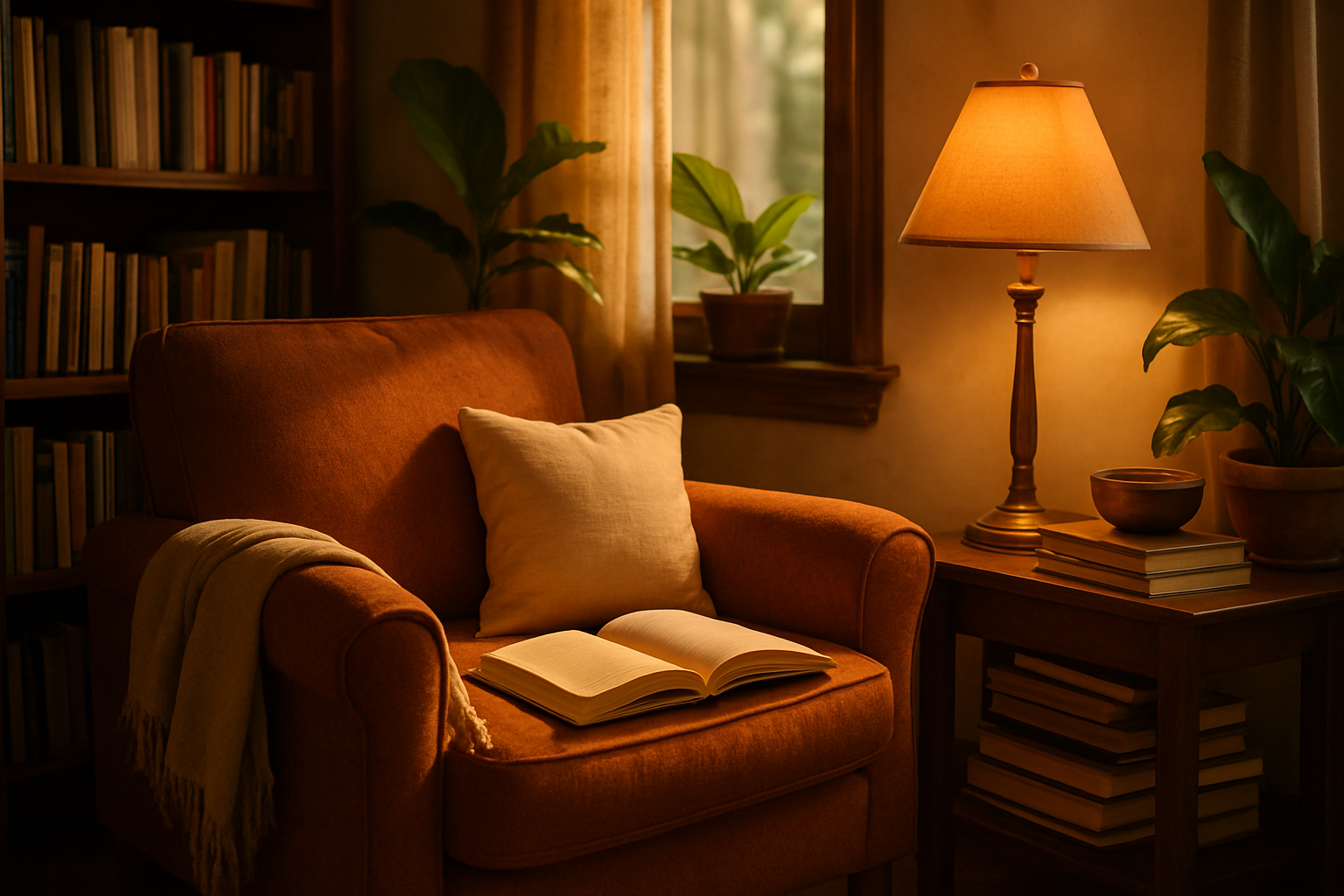 Een gezellige leeshoek met boeken en zachte verlichting.