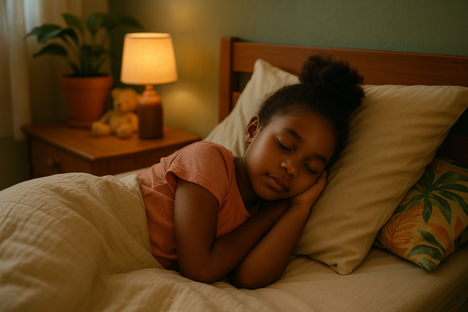Rustige slaapkamer voor kinderen met zacht licht en een comfortabel bed.