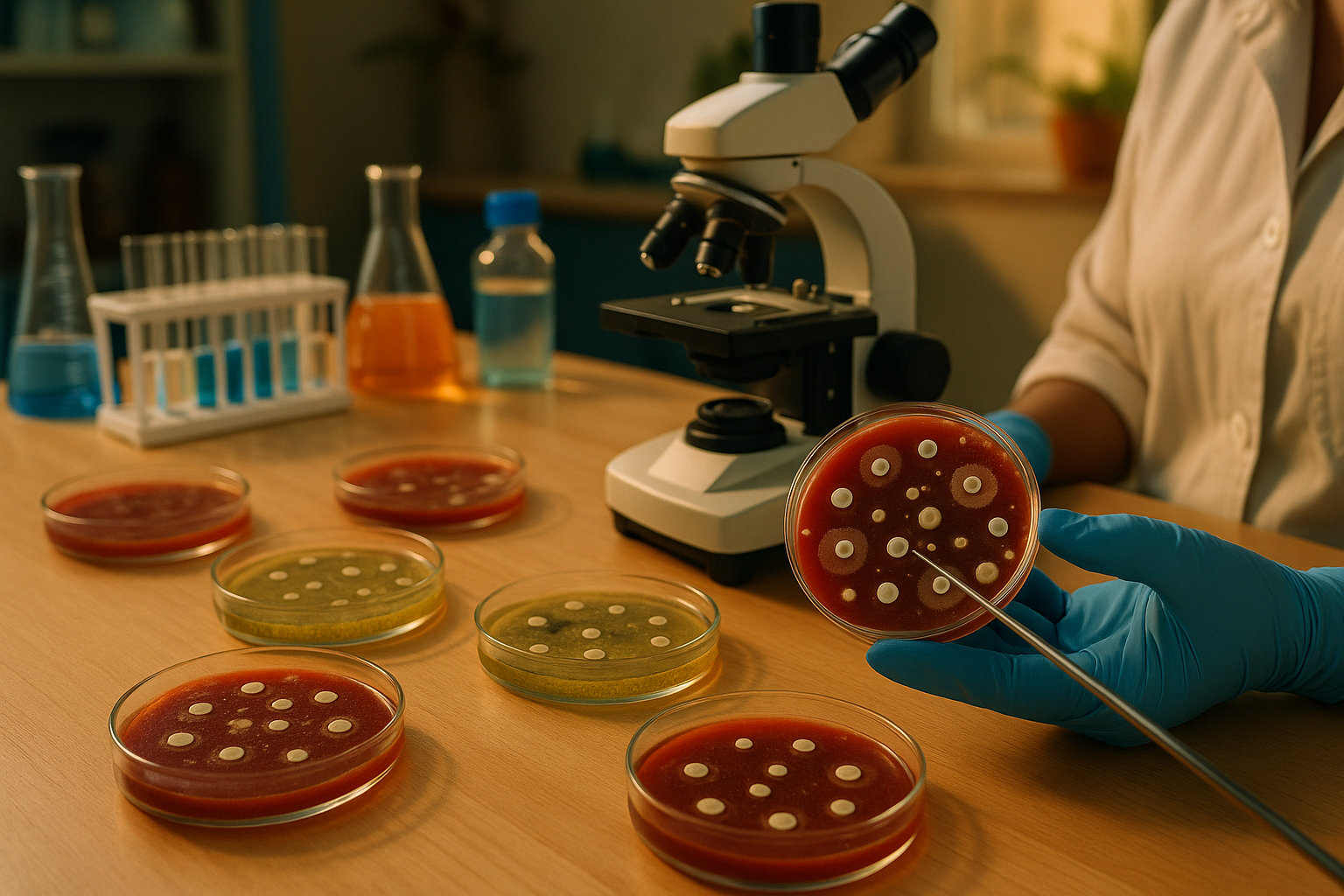 Laboratorium met petrischaaltjes en wetenschappelijke apparatuur voor antibioticonderzoek.