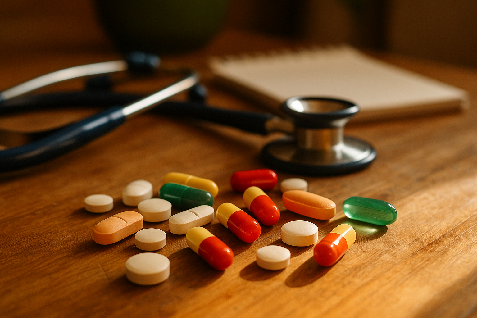 Een overzicht van verschillende medicijnen op een houten tafel.