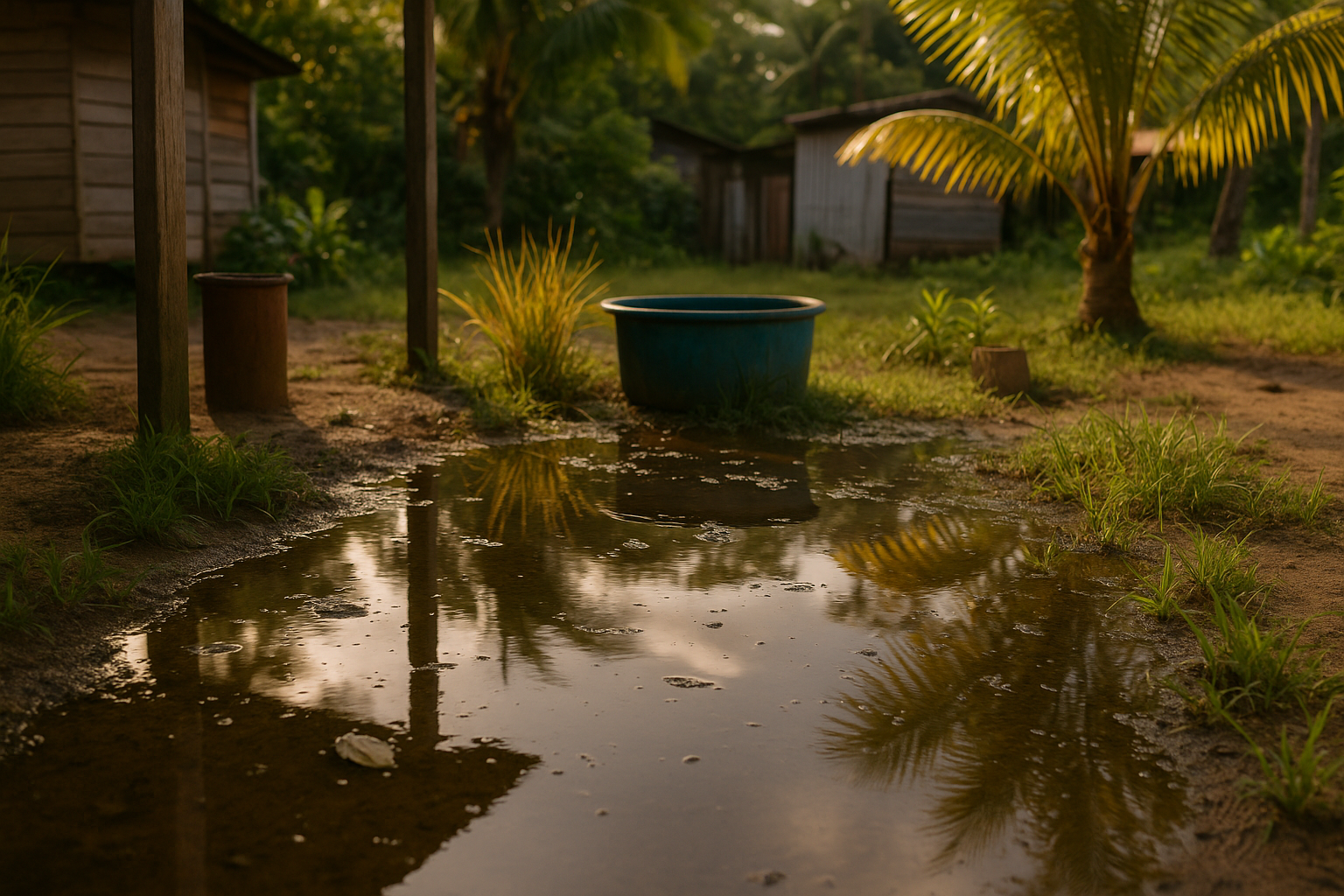 Een rustige omgeving in Suriname met stilstaand water als potentiële broedplaats voor muggen.