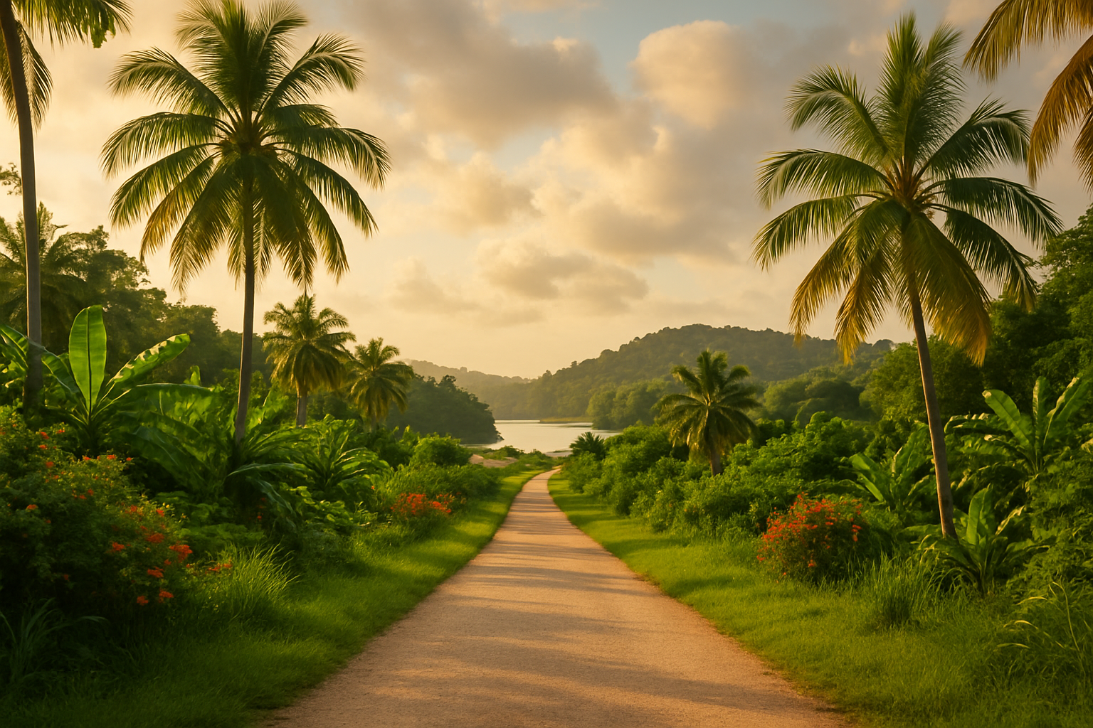 Een tropisch landschap in Suriname met een wandelpad.