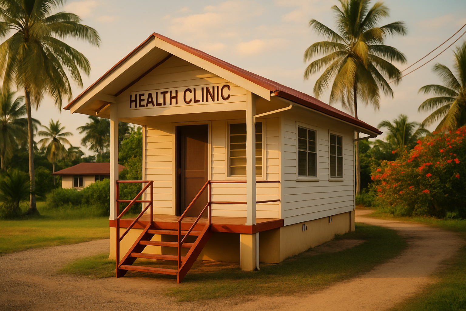 Gezondheidscentrum in Suriname met groene omgeving.