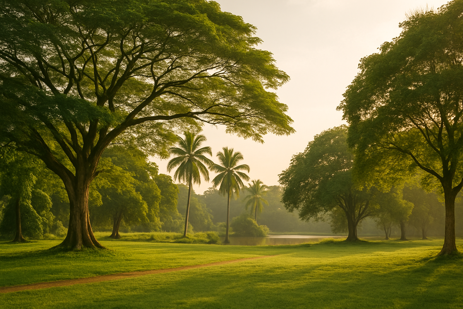 Rustig tropisch park in Suriname met groene bomen.