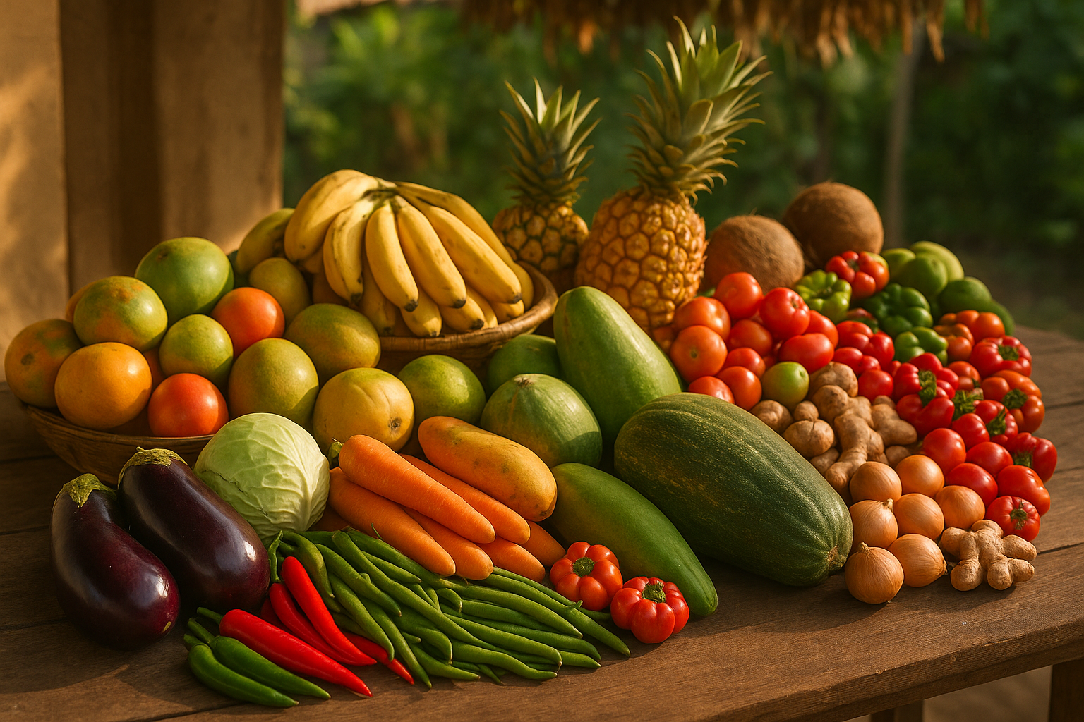 Verscheidenheid aan lokale groenten en fruit in Suriname.