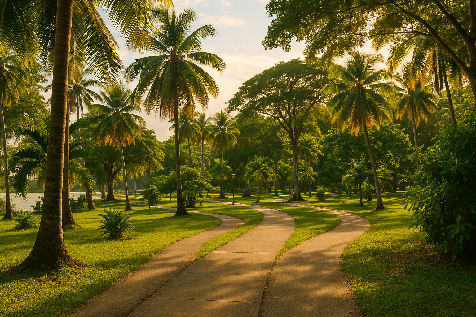 Een tropisch park in Suriname met wandelpaden en groen.