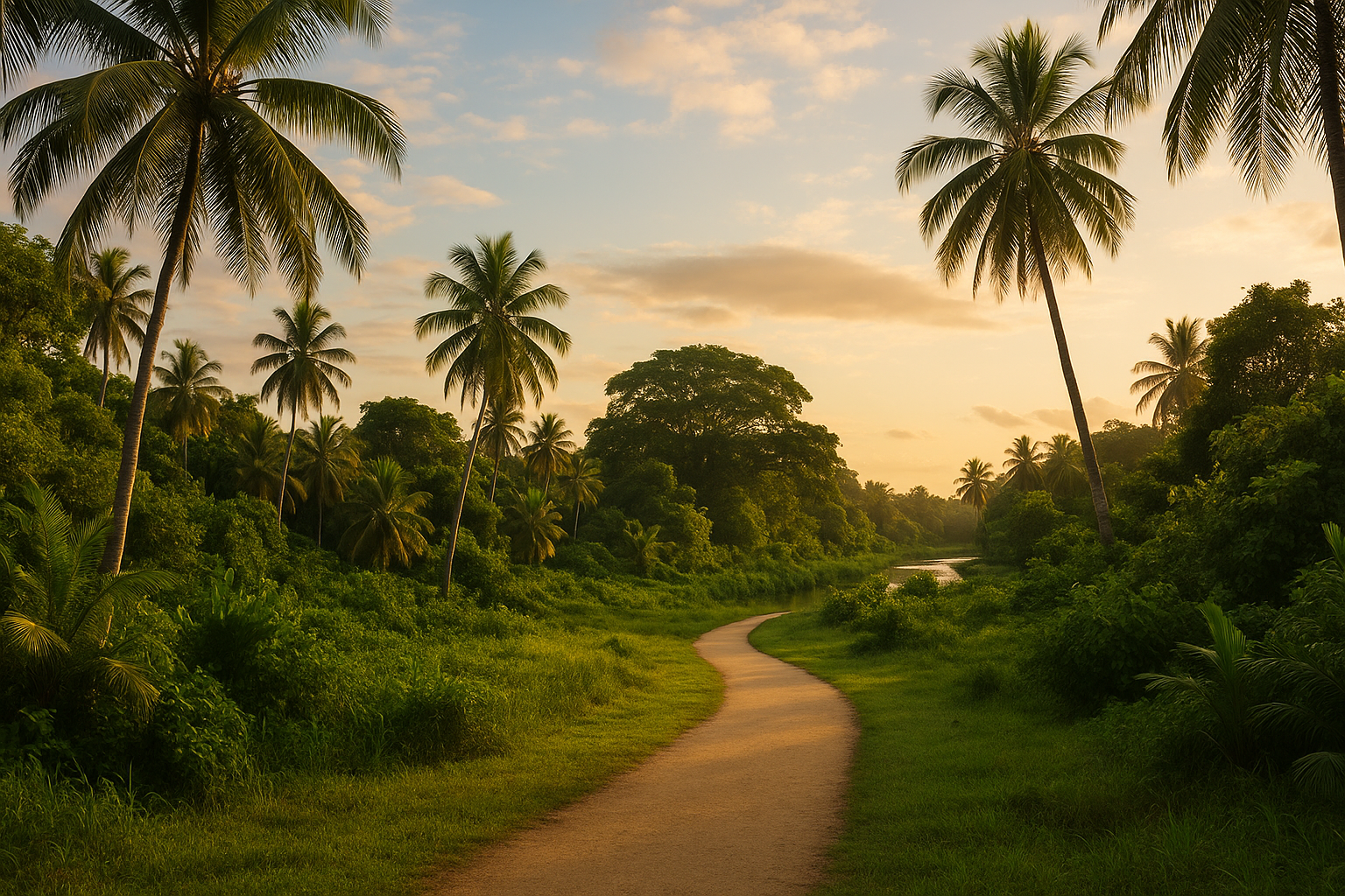 Prachtig tropisch landschap in Suriname met een wandelpad.