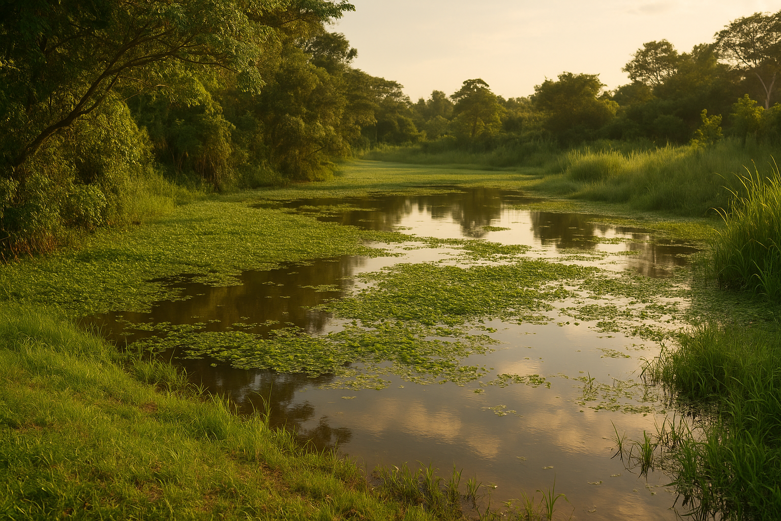 Een groene omgeving in Suriname met stilstaand water, wat muggen kan aantrekken.