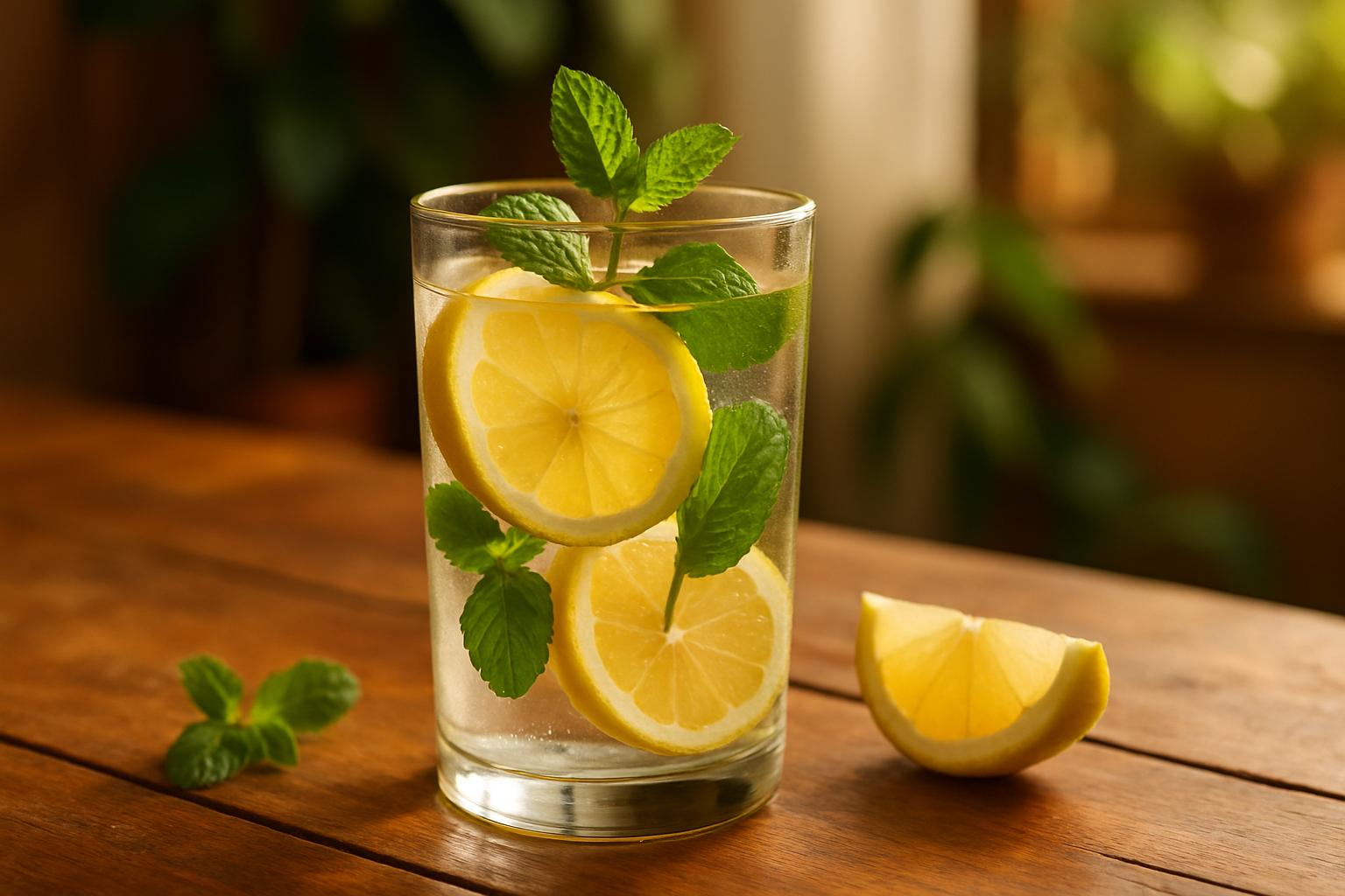 Een verfrissend glas water met citroen en munt.